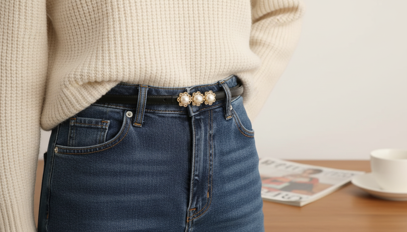 Pearl-Accent Thin Leather Belt: Dress & Denim Styling